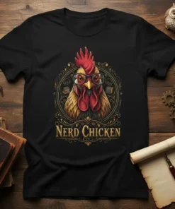 Nerd Chicken T-Shirt featuring a rooster wearing glasses and holding books, framed by an ornate design