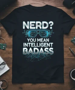 Nerd? You Mean Intelligent Badass quote with futuristic glasses graphic on a black t-shirt