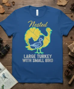 Blue t-shirt with "Nested Large Turkey With Small Bird" text and graphic of a large yellow turkey silhouette with a