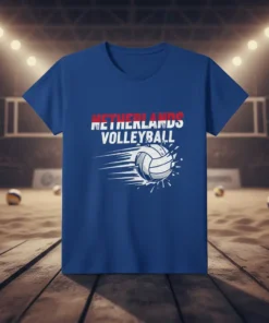 Netherlands Volleyball T-Shirt with Dutch flag colors and a fast-moving volleyball graphic