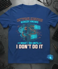 Network Engineer Nobody Knows What I Do Until I Don't Do It t-shirt with server rack graphic and neon blue