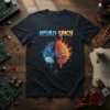 Neuro Spicy T-Shirt with a split brain graphic, one half blue and cool, the other red and fiery, representing sharp