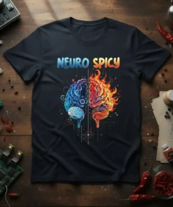 Neuro Spicy T-Shirt with a split brain graphic, one half blue and cool, the other red and fiery, representing sharp