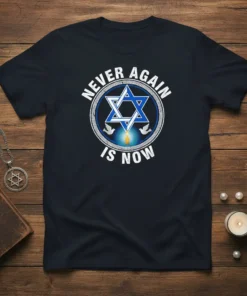 Never Again Is Now quote with Star of David, candle, and doves on a navy blue t-shirt
