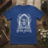 Never Better skeleton graphic t-shirt with gothic arches, flowers, and butterflies