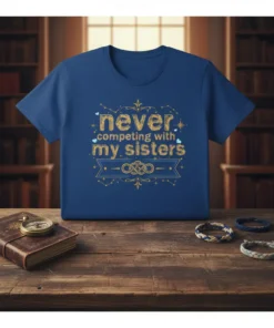 Never competing with my sisters quote in gold ornate font on a blue t-shirt