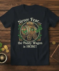 Never Fear the Paddy Wagon is HERE St. Patrick's Day t-shirt with leprechauns in a wagon graphic