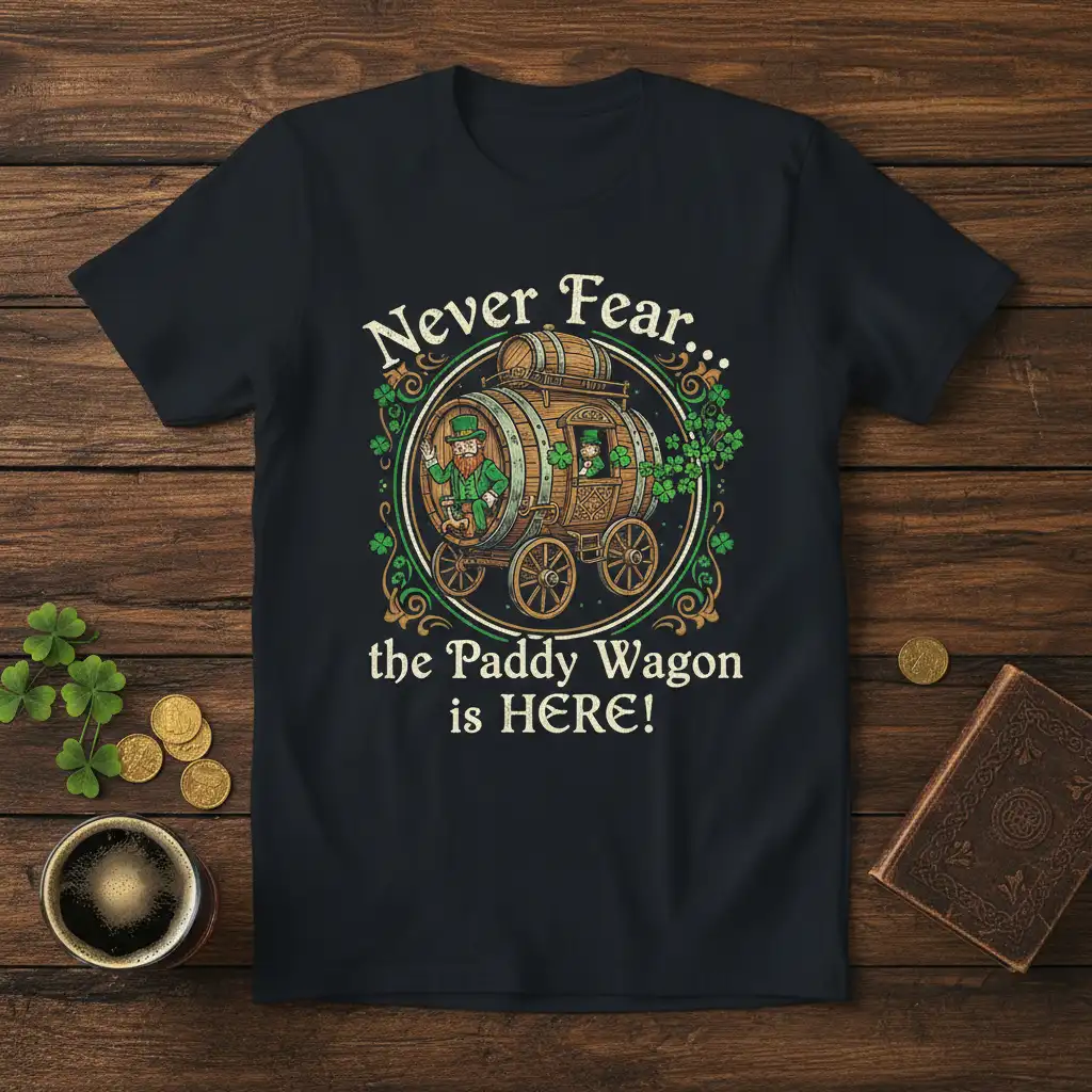 Never Fear the Paddy Wagon is HERE St. Patrick's Day t-shirt with leprechaun wagon graphic and shamrocks