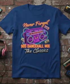 Never Forget 90S DANCEHALL MIX The Classics t-shirt with neon boombox and cassette tapes graphic