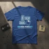 Blue t-shirt with "NEVER FORGET ALWAYS REMEMBER HOW IT ALL STARTED" text and illustrations of cassette tapes, VHS, and floppy