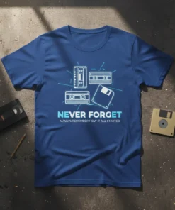 Blue t-shirt with "NEVER FORGET ALWAYS REMEMBER HOW IT ALL STARTED" text and illustrations of cassette tapes, VHS, and floppy