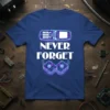 Never Forget flip phone design with retro tech graphics on a blue t-shirt