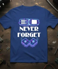 Never Forget flip phone design with retro tech graphics on a blue t-shirt