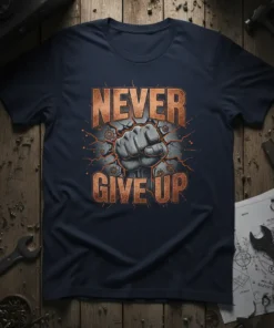 Never Give Up motivational fist graphic t-shirt design with bold orange text and cracked stone background
