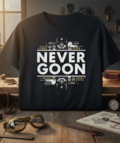 Never Goon slogan with a detailed industrial graphic design on a black t-shirt