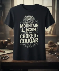 Black t-shirt with "Never Killed A Mountain Lion But I've Choked A Cougar" text and a fierce lion graphic