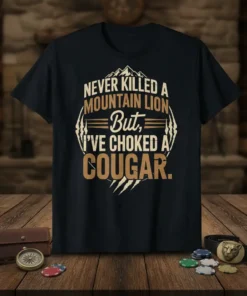 Never Killed A Mountain Lion But I've Choked A Cougar text design with mountain graphic on black t-shirt