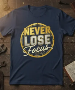Navy blue t-shirt with "Never Lose Focus" text in gold and silver lettering, featuring a circular gear graphic