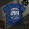 Never Mess With A Ghost Hunter quote on a blue t-shirt with a ghost graphic and crossed tools