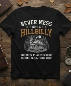 Never Mess With A Hillbilly T-Shirt with rustic cabin graphic and quote "We Know Places Where No One Will Find