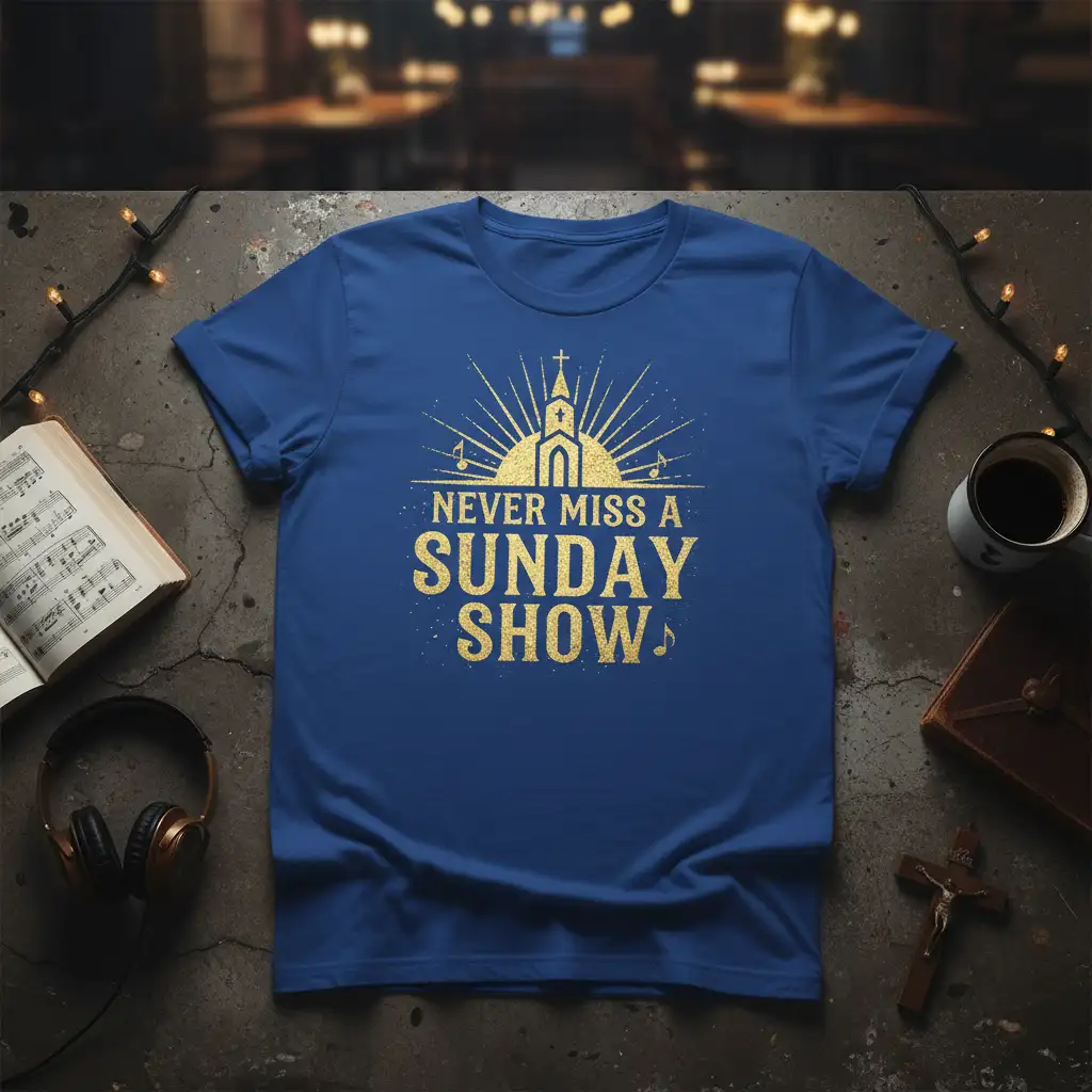 Never Miss A Sunday Show quote design with church and music notes on a blue t-shirt