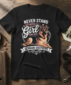 Never Stand Between A Girl And Her German Shepherd text design with a graphic of a German Shepherd dog on