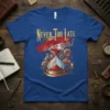 Steampunk hourglass graphic with "Never Too Late is too late!" text on a blue t-shirt, featuring gears and a red