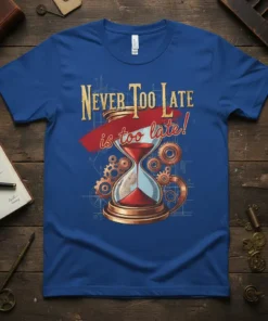 Steampunk hourglass graphic with "Never Too Late is too late!" text on a blue t-shirt, featuring gears and a red