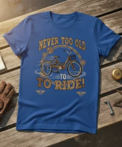 Never Too Old To Ride! quote with vintage tricycle graphic on a blue t-shirt