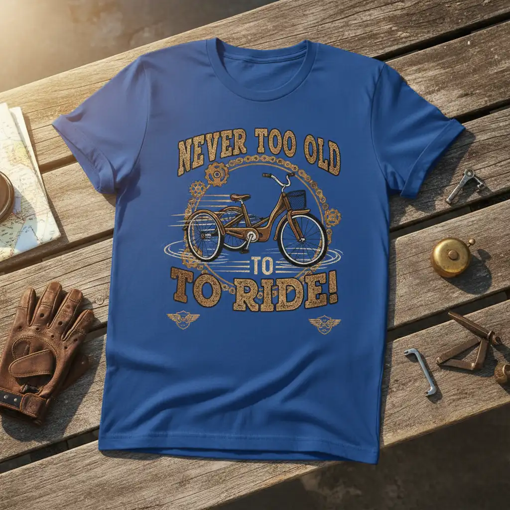 Never Too Old To Ride! quote in distressed gold font with a vintage tricycle graphic on a blue t-shirt