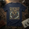 Never Trust A Fart T-Shirt with detailed engine and gears graphic, dark blue tee
