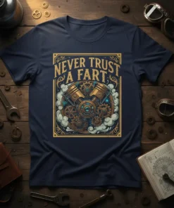 Never Trust A Fart T-Shirt with detailed engine and gears graphic, dark blue tee