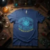 Never Trust An Atom They Make Up Everything quote with atom graphic on a navy blue t-shirt
