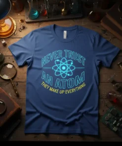 Never Trust An Atom They Make Up Everything quote with atom graphic on a navy blue t-shirt