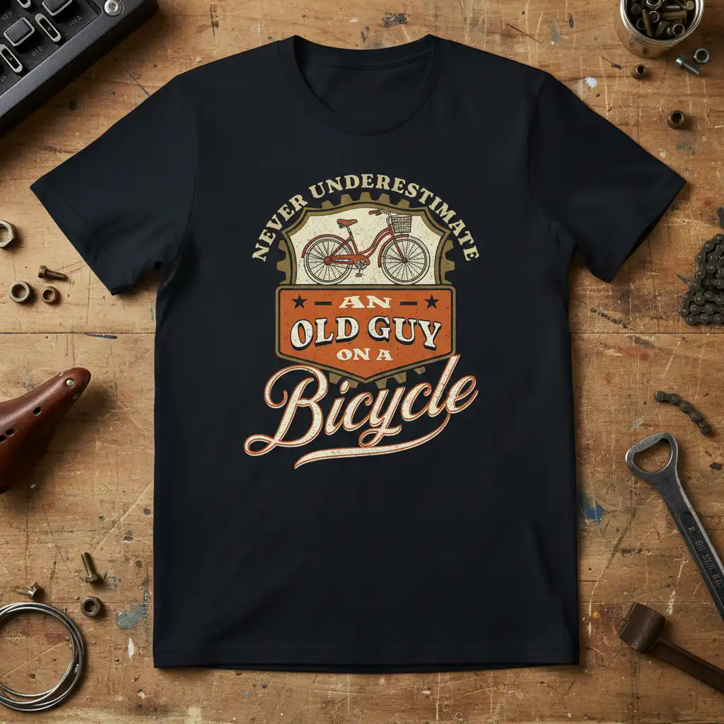 Never Underestimate An Old Guy On A Bicycle quote and vintage bike graphic on a black tee