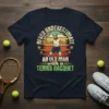 T-shirt design featuring the quote "NEVER UNDERESTIMATE AN OLD MAN with a TENNIS RACQUET" above a graphic of a senior