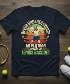 T-shirt design featuring the quote "NEVER UNDERESTIMATE AN OLD MAN with a TENNIS RACQUET" above a graphic of a senior