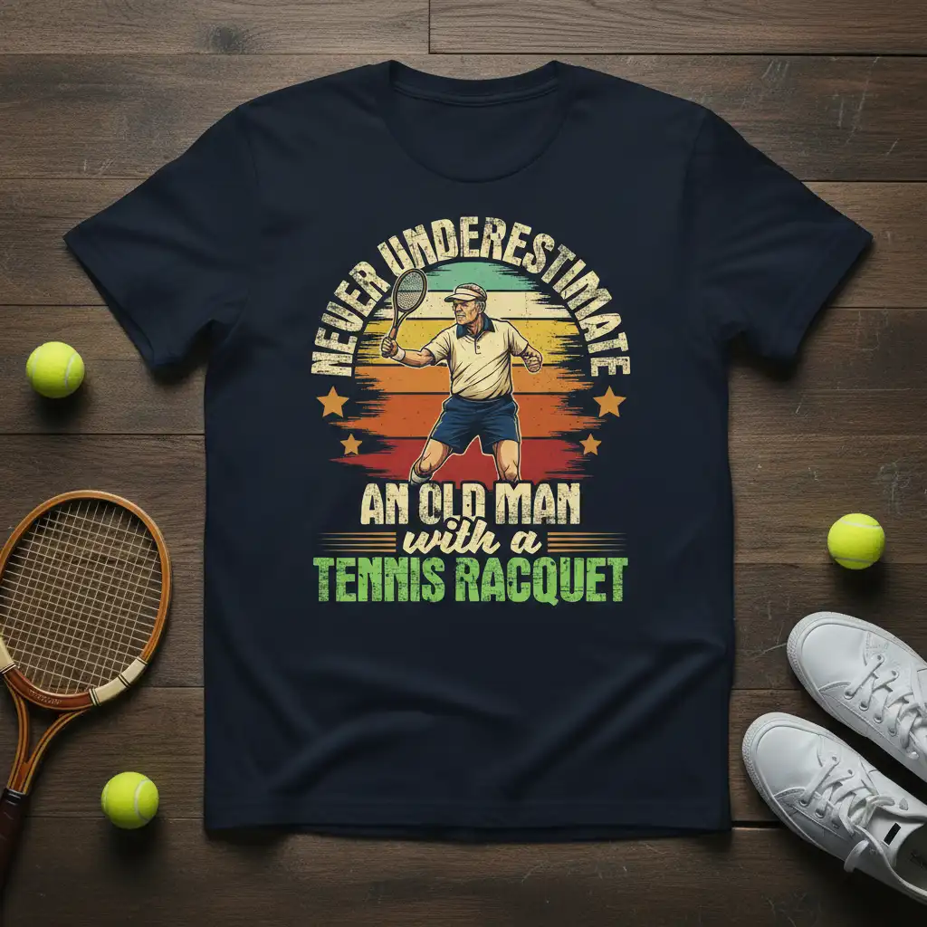 NEVER UNDERESTIMATE AN OLD MAN with a TENNIS RACQUET quote on a vintage-style t-shirt with a tennis player graphic