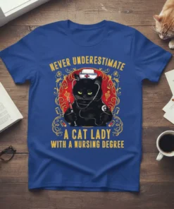 Black cat wearing a nurse's hat and stethoscope, holding a syringe, with text "Never Underestimate A Cat Lady With A