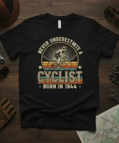 Never Underestimate a Cyclist Born in 1944 vintage t-shirt design with cyclist graphic and retro stripes