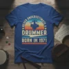 Never Underestimate a Drummer Born in 1971 retro vintage t-shirt design with drummer silhouette and sunset