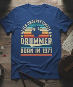 Never Underestimate a Drummer Born in 1971 retro vintage t-shirt design with drummer silhouette and sunset