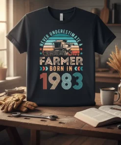 Retro t-shirt design featuring the text "Never Underestimate A Farmer Born In 1983" with a combine harvester graphic and vintage
