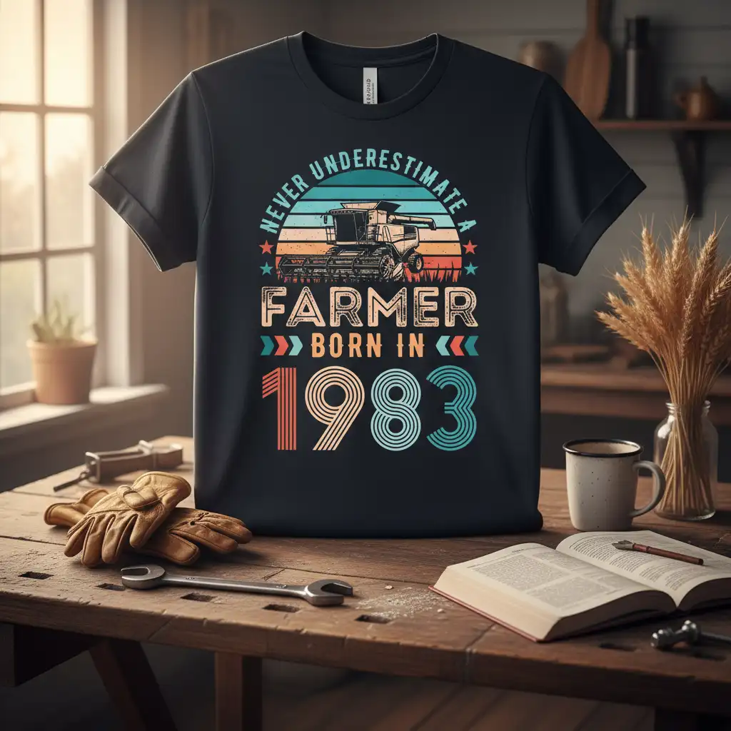 Never Underestimate A Farmer Born In 1983 quote with combine harvester graphic and retro sunset design