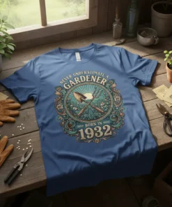Never Underestimate A Gardener Born In 1932 text with gardening tools and sun graphic on blue t-shirt