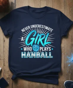 Navy blue t-shirt with "Never Underestimate A Girl Who Plays Hanball" text and a handball graphic