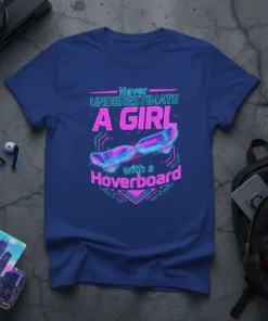Never Underestimate A Girl with a Hoverboard text and graphic on a navy blue t-shirt