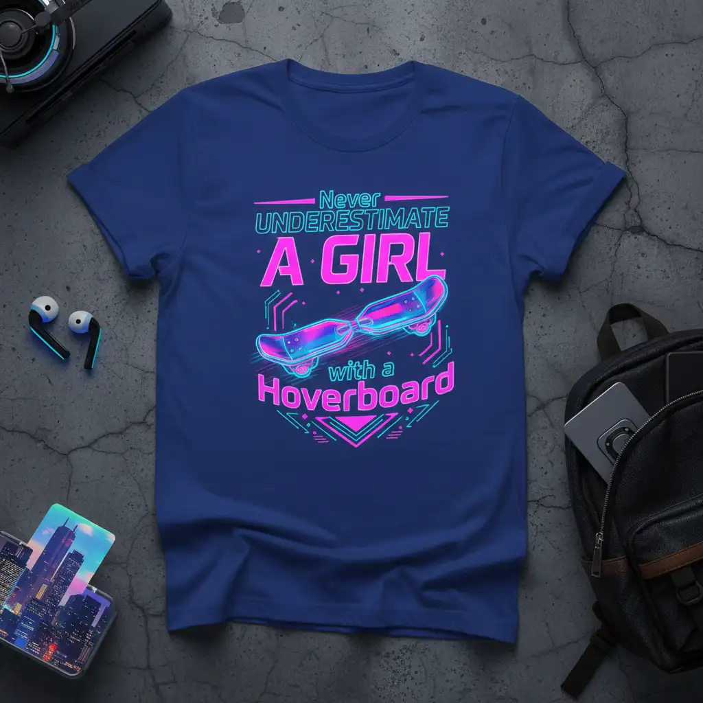 Never Underestimate A Girl with a Hoverboard quote in neon pink and cyan on a t-shirt
