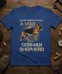 Never Underestimate A Man With A German Shepherd text and graphic on a blue t-shirt