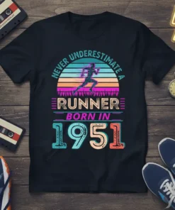 Never Underestimate A Runner Born In 1951 graphic tee with vintage sunset and running silhouette